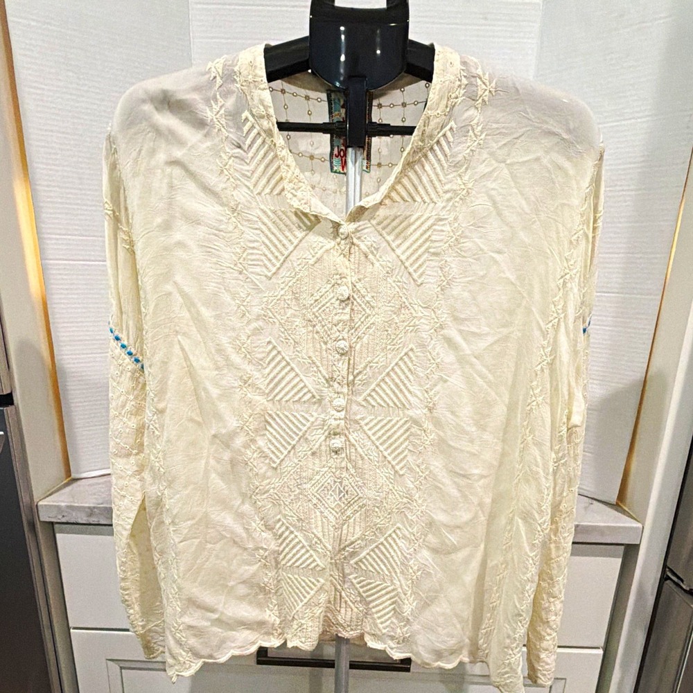 Johnny Was Ivory Eyelet Embroidered Button Front Long Sleeve Blouse Women's S